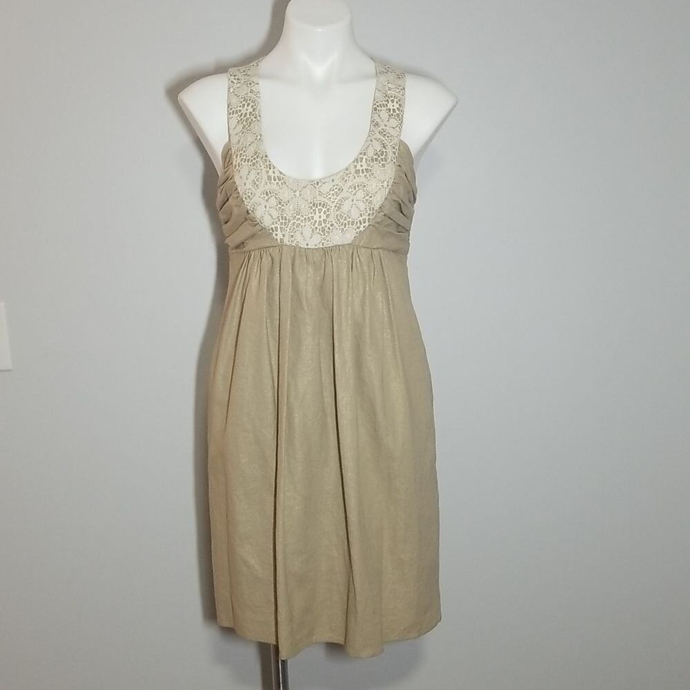 Molly New York Shimmer Linen Blend Dress Lace Detail Tan Gold Size 6